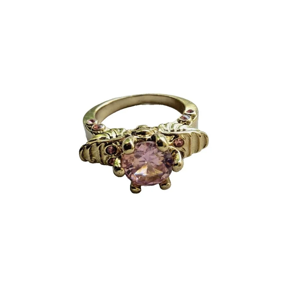 Vintage Style Pink Crystal Butterfly Fairy Skull Ring Gold Tone Statment Size 9